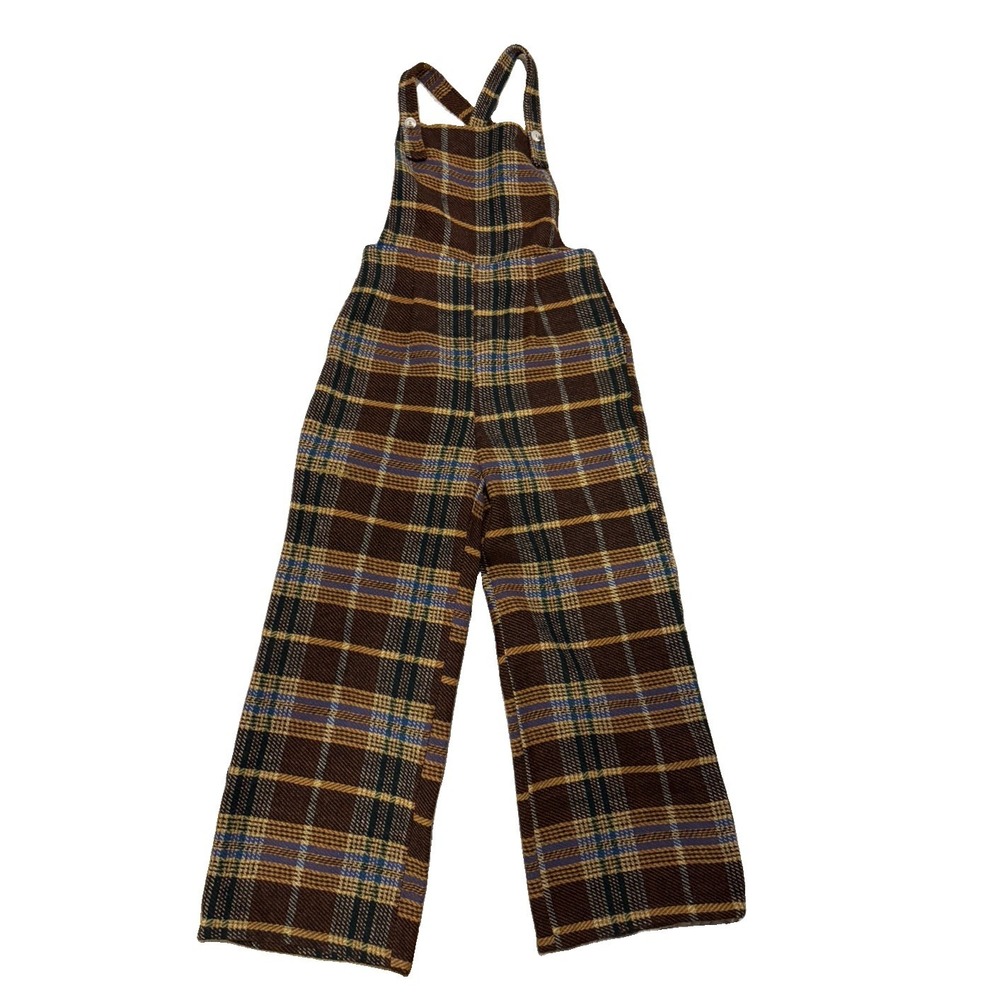 Cider Plaid Tweed Jumpsuit Overalls Brown Blue Yellow Green Large Wide Leg L
